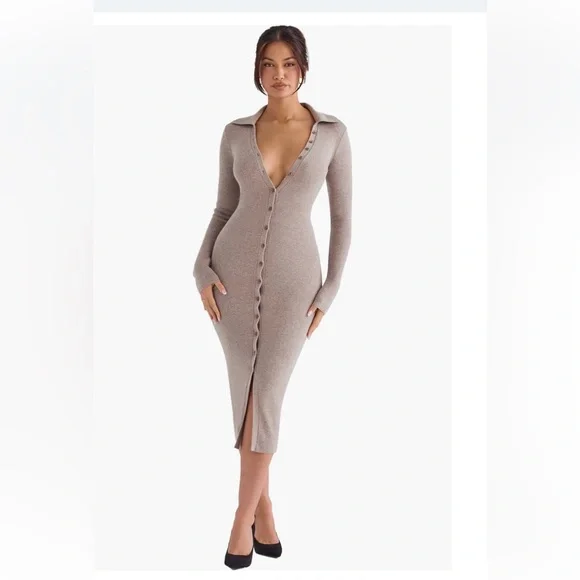 House of CB Yvette long sleeves button up sweater midi dress beige - Picture 1 of 17